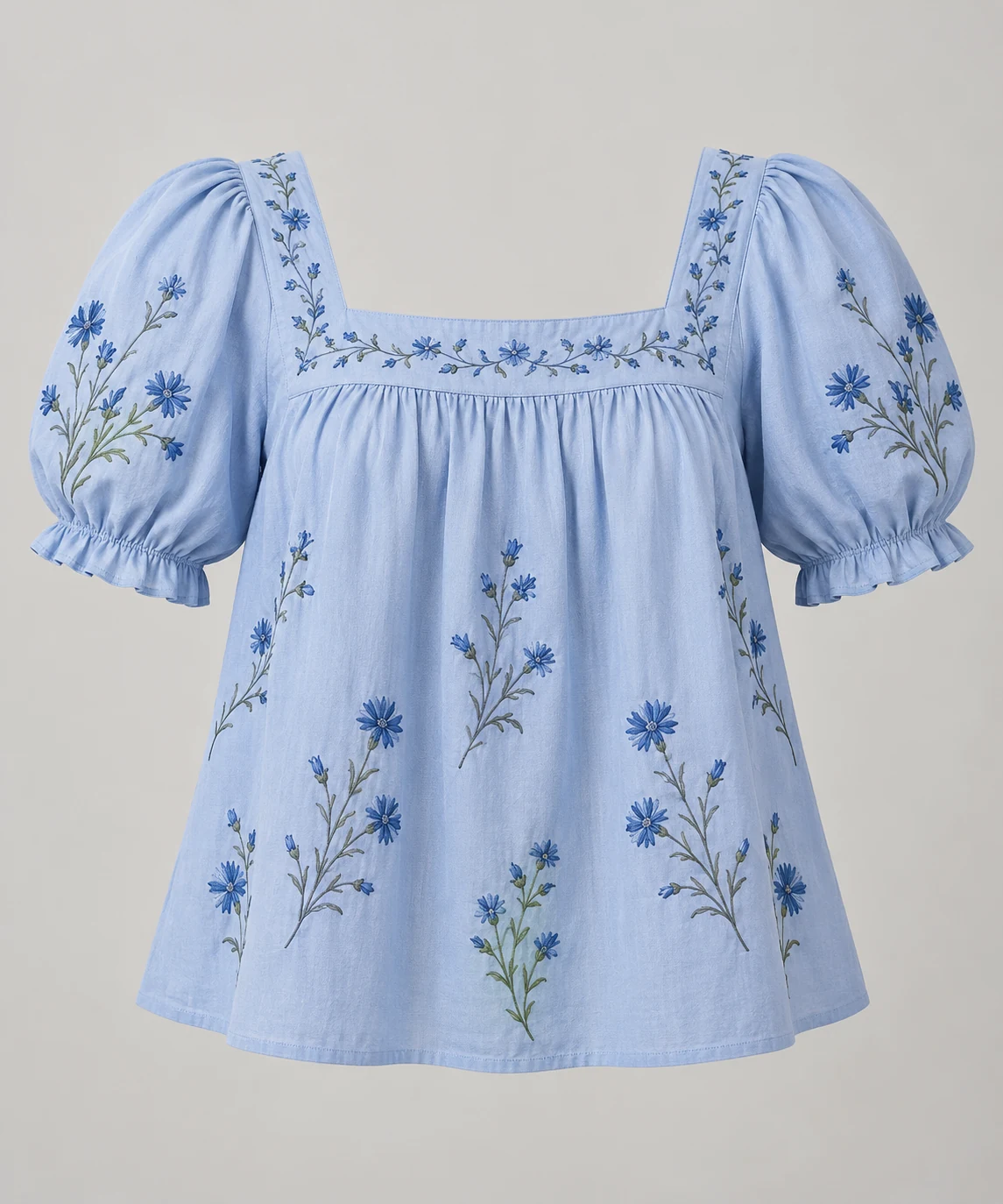 Cloud Blue Cornflower Air Blouse, square neck, puff sleeves, cornflower embroidery