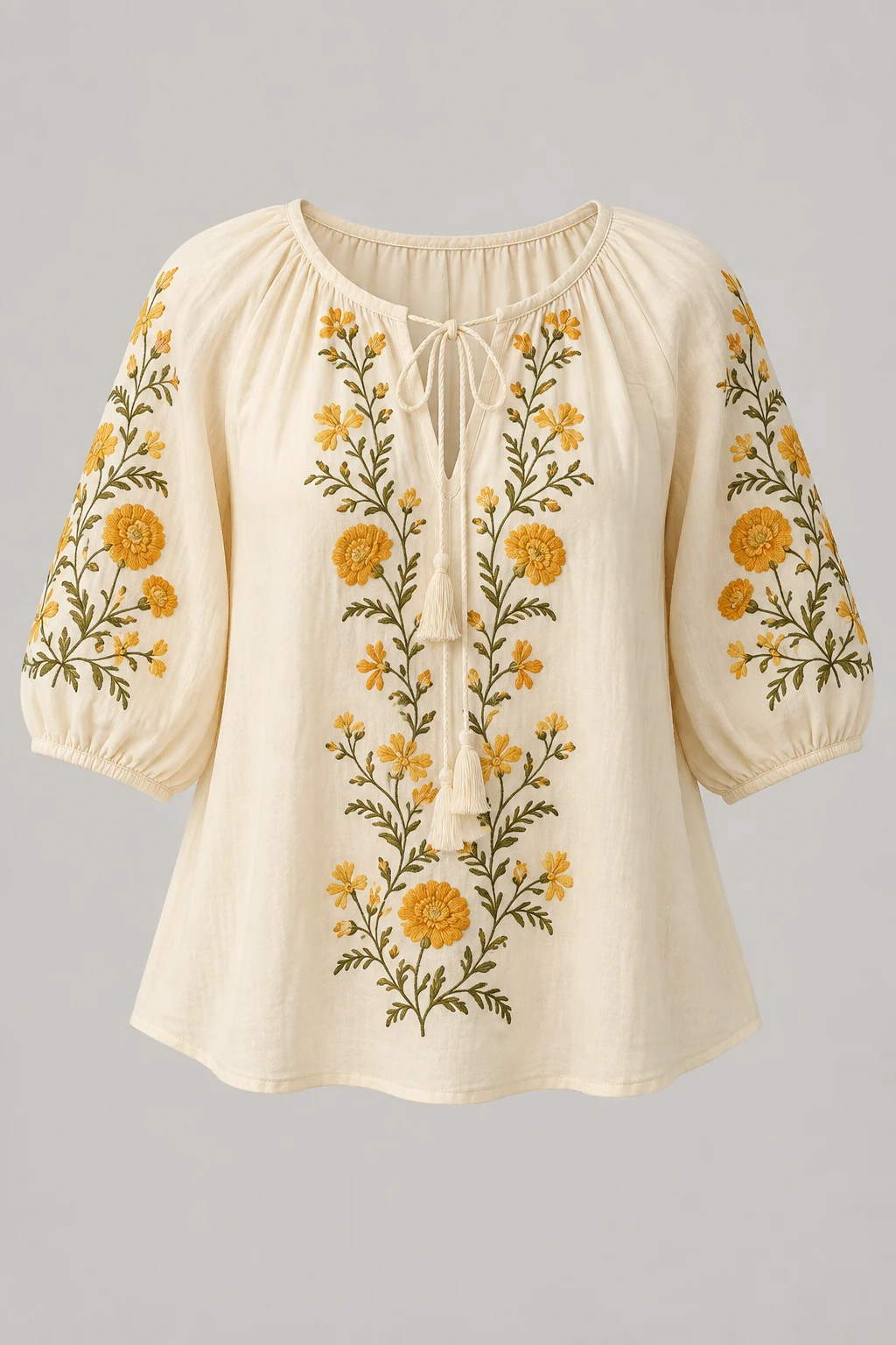 Buttercream Marigold Gather Blouse, tie neckline, elbow-length sleeves, marigold embroidery