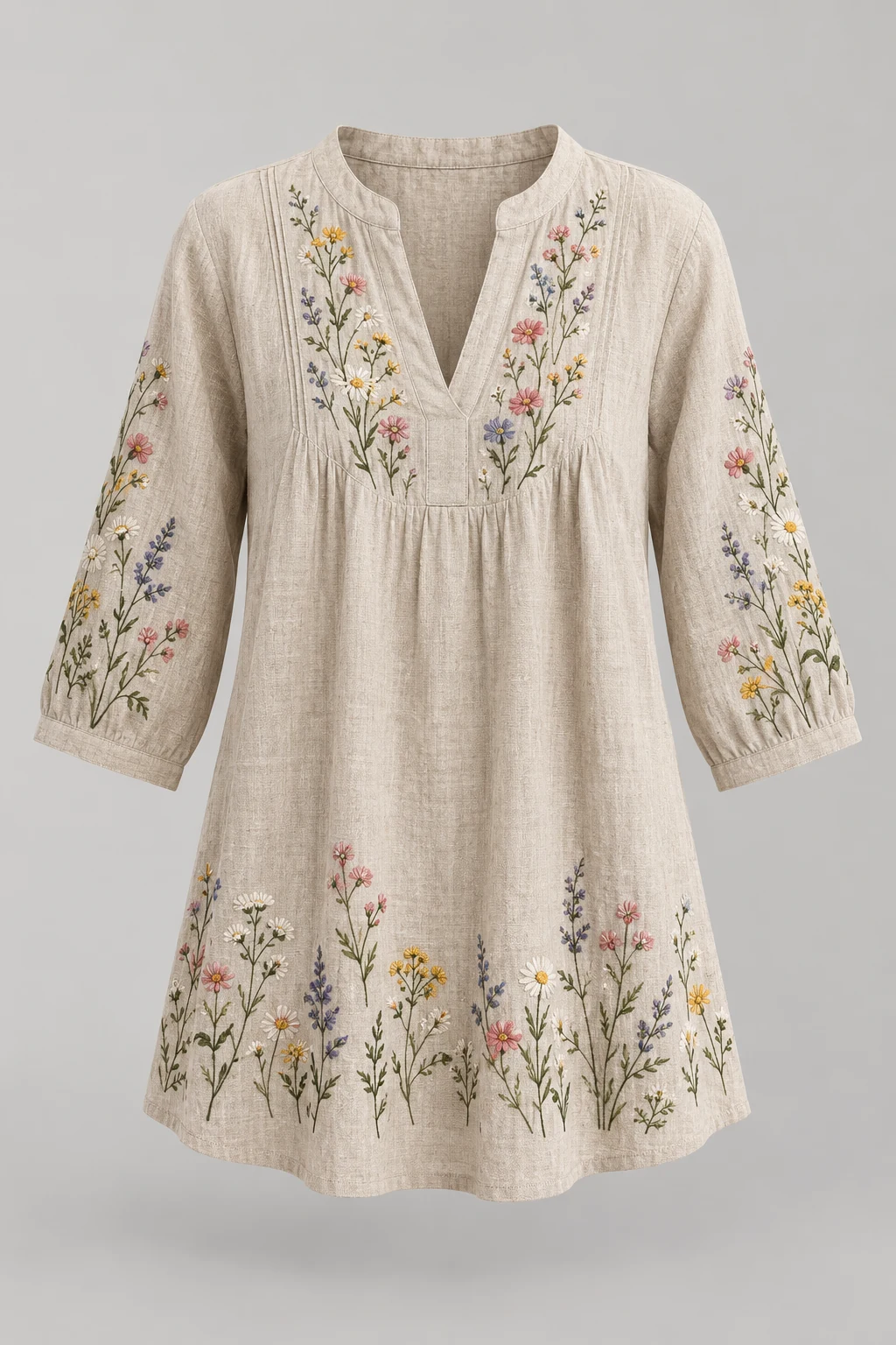 Wildflower embroidery on a natural flax tunic