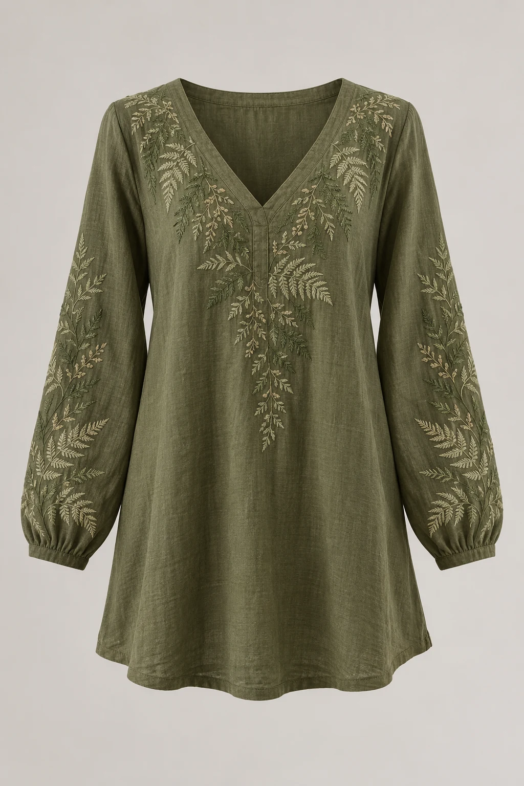 Olive Fern Walk Tunic, v-neck, long sleeves, fern embroidery