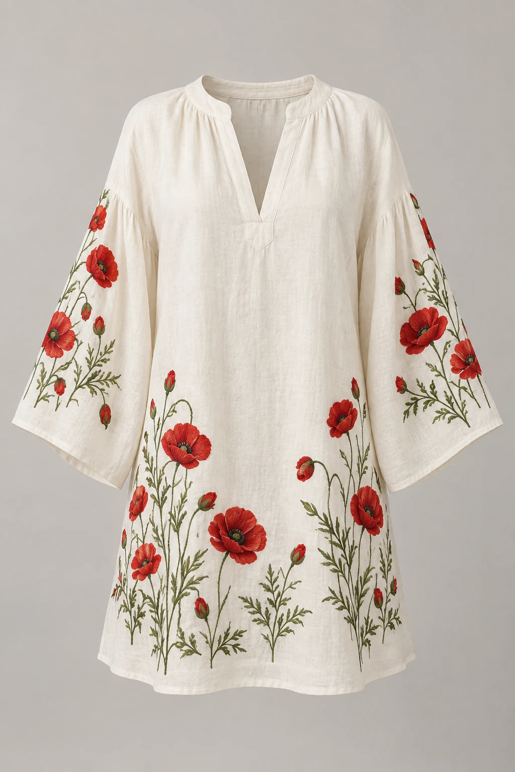 Chalk Poppy Breeze Tunic, split neck, wide sleeves, poppy embroidery