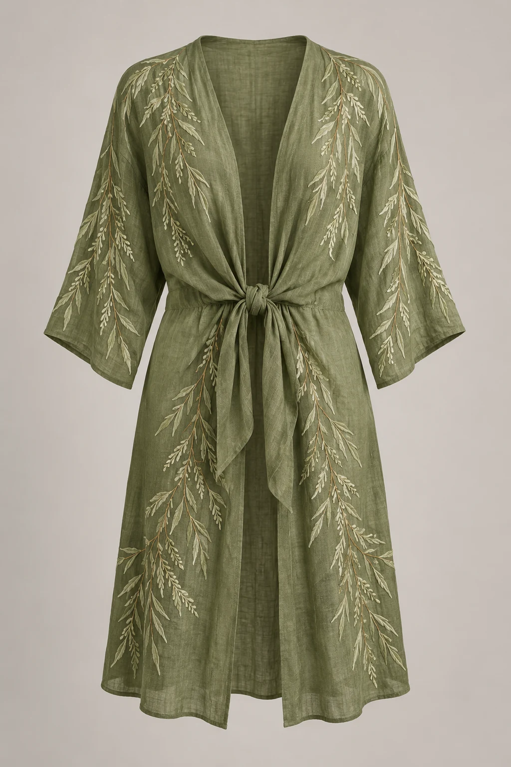 Moss Willow Shade Cover-Up, tie front, three-quarter sleeves, willow embroidery